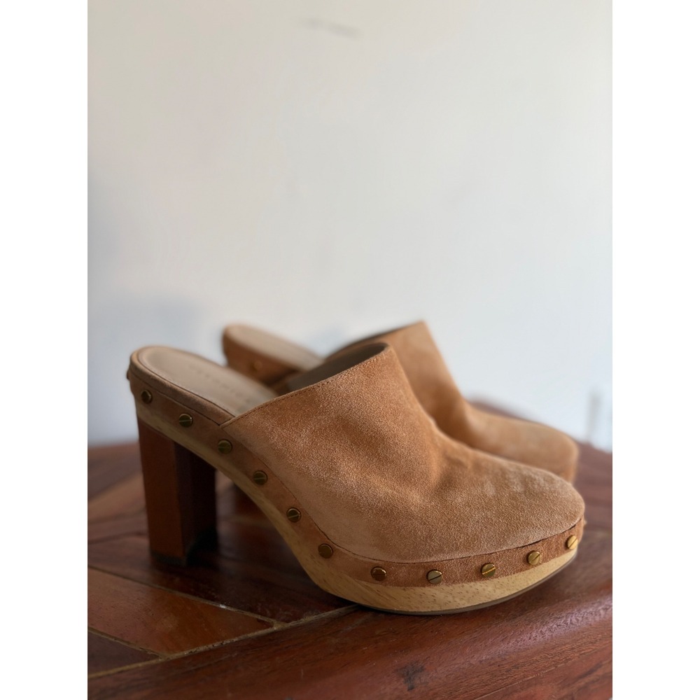 Veronica Beard Tan Suede Wooden Platform Clog Mules with Studs Size 8